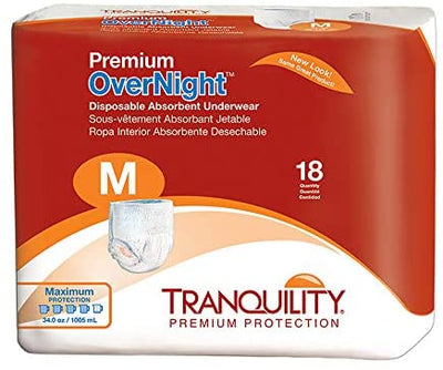 Tranquility Premium OverNight Disposable Absorbent Underwear, 34 oz Fluid Capacity, Medium (34" to 48",120 to 175 lb)