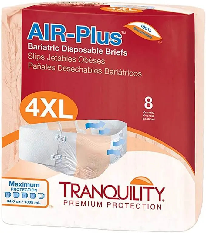 Tranquility AIR-Plus Bariatric Disposable Briefs package in Size 4XL, 8 Count.