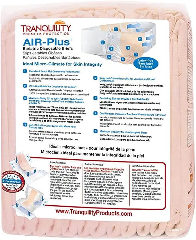 Back of package feature details for Tranquility AIR-Plus Bariatric Briefs highlighting peach mat core, micro-hook closure tabs, and Kufguards.