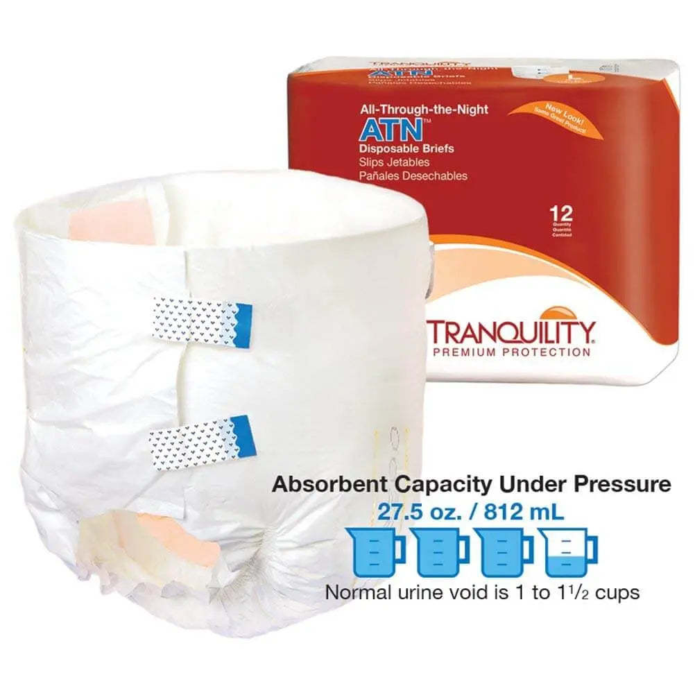 Diagram showing Tranquility ATN XL Disposable Brief 27.5 oz absorbent capacity under pressure with 12 count packaging