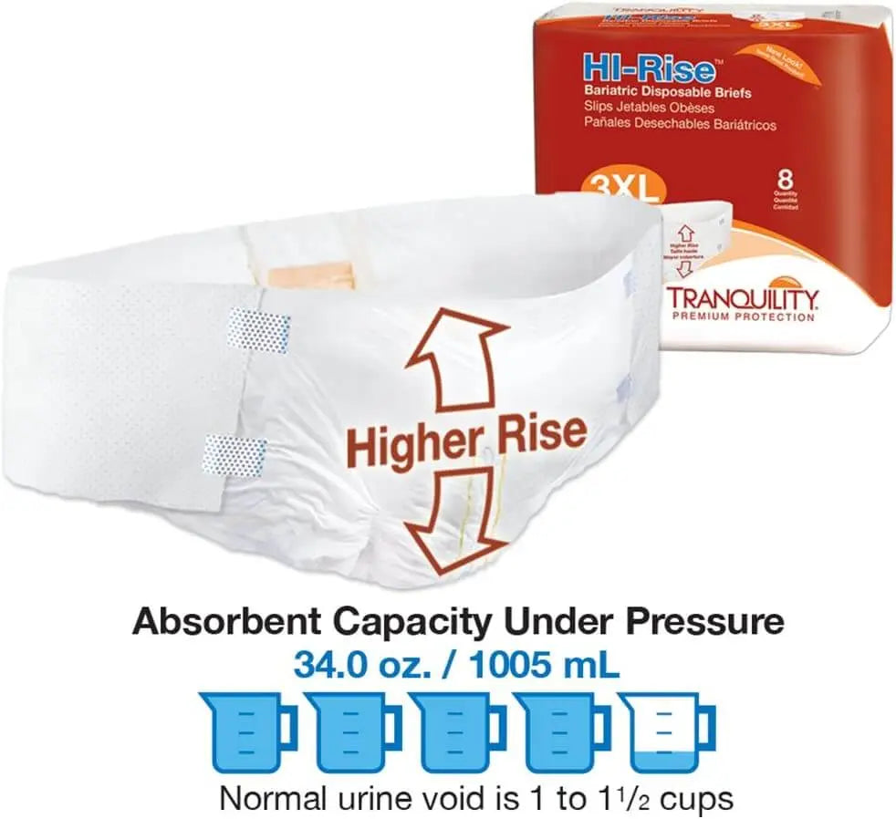 Diagram showing Tranquility Hi-Rise Bariatric Brief 34 oz absorbent capacity with higher rise coverage