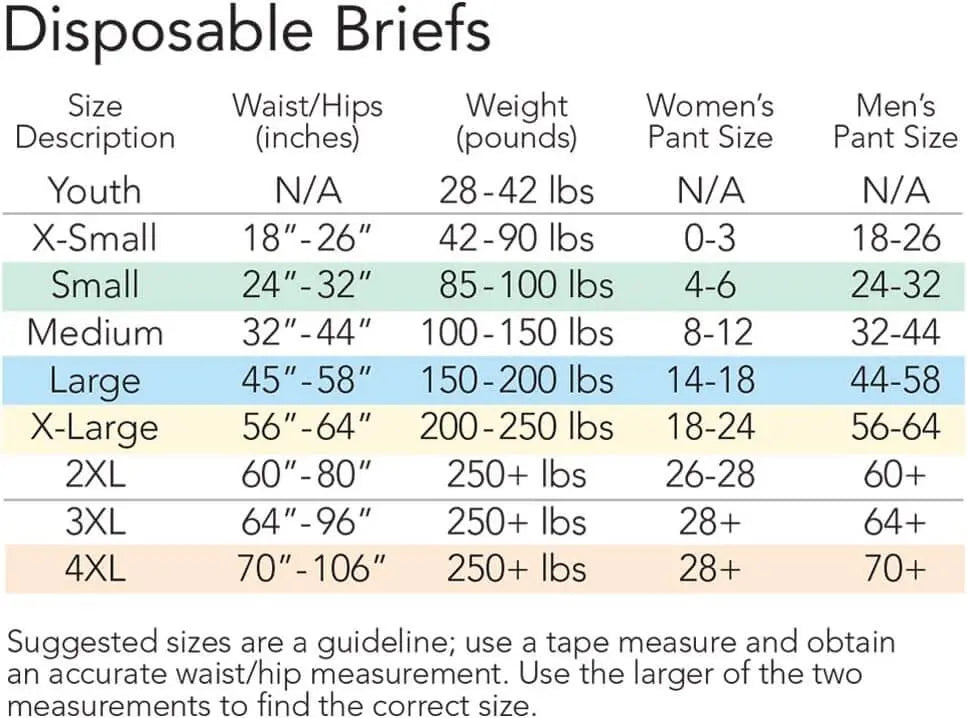 Tranquility adult disposable briefs sizing chart showing waist hips inches and weight ranges