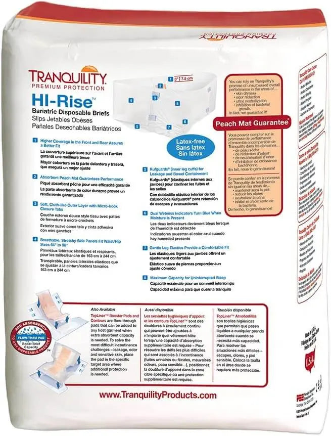 Back packaging view of Tranquility Hi-Rise Bariatric Brief showing feature callouts, Peach Mat Guarantee, and absorbency details