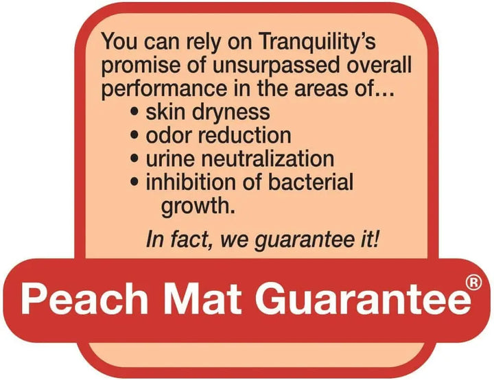 Tranquility Peach Mat Guarantee badge highlighting skin dryness odor reduction urine neutralization and bacterial growth inhibition for item 2070