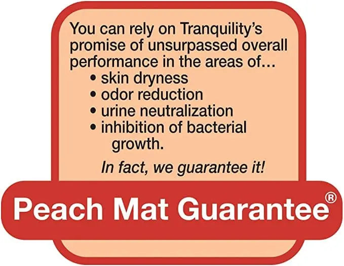 Tranquility Peach Mat Guarantee graphic highlighting skin dryness, odor reduction, urine neutralization, and bacterial growth inhibition.