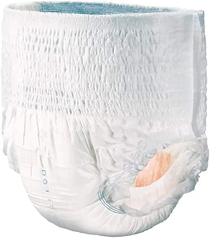 Tranquility Premium OverNight disposable incontinence underwear in Medium featuring inner peach mat core and blue leg elastics.