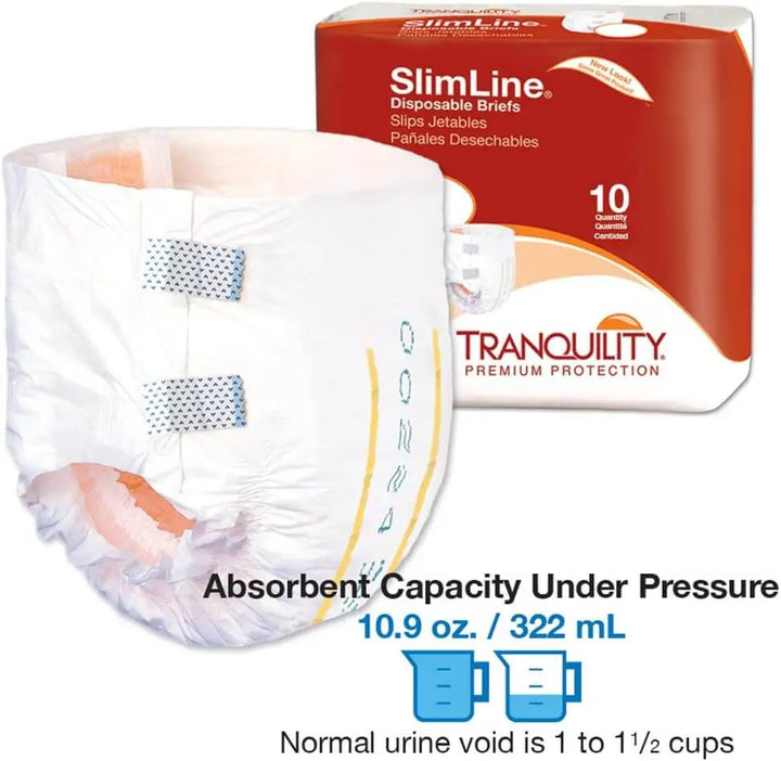 Tranquility SlimLine Adult Brief Small graphic showing 10.9 oz 322 mL fluid capacity under pressure