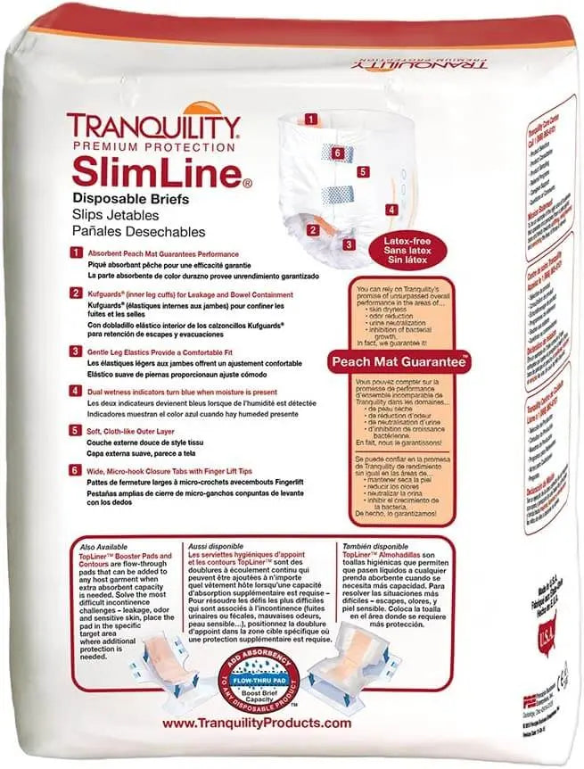 Back of Tranquility SlimLine Adult Brief Small package showing features and sizing details 2120