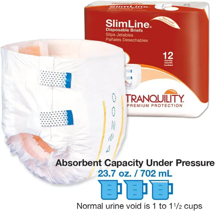 Tranquility SlimLine Adult Brief XL graphic showing 23.7 oz 702 mL fluid capacity under pressure