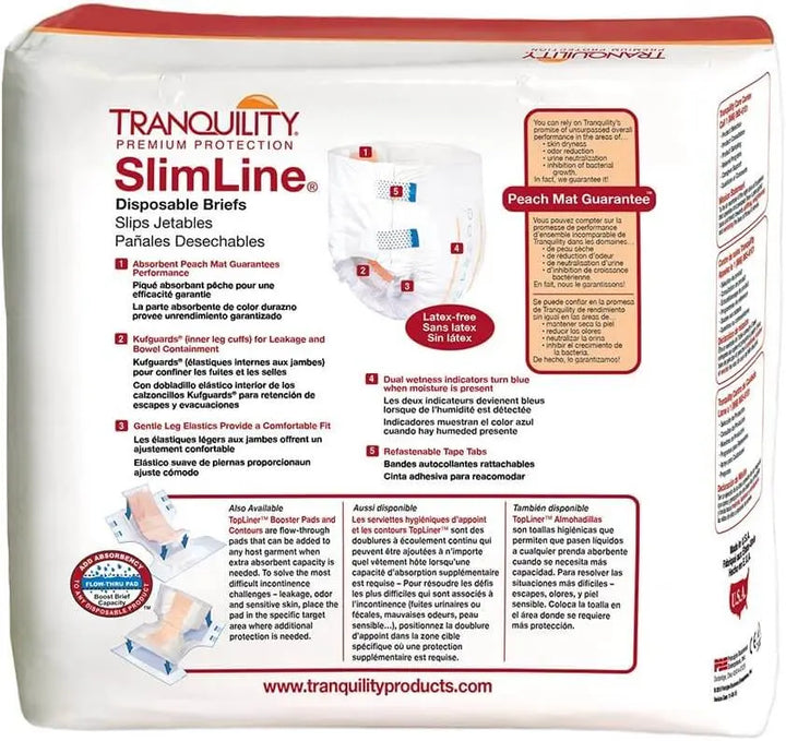 Back of Tranquility SlimLine Adult Brief XL package showing features and sizing details 2134