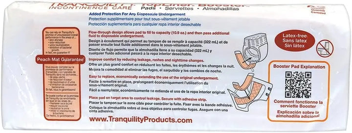 Tranquility Topliner booster pads package back featuring product instructions flow through design details and QR code for item 2070
