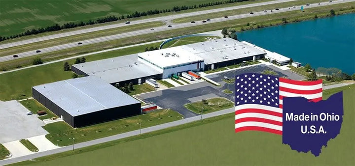 Tranquility Topliner booster pads manufacturing facility aerial view with Made in Ohio USA graphic for item 2070