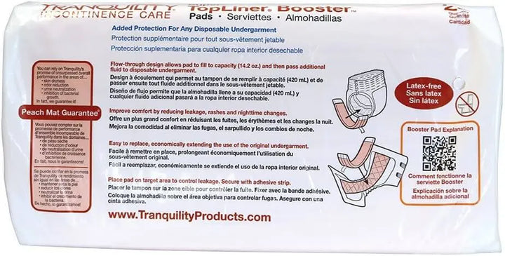 Back of Tranquility TopLiner Super Booster Pad package showing flow-through placement instructions and features